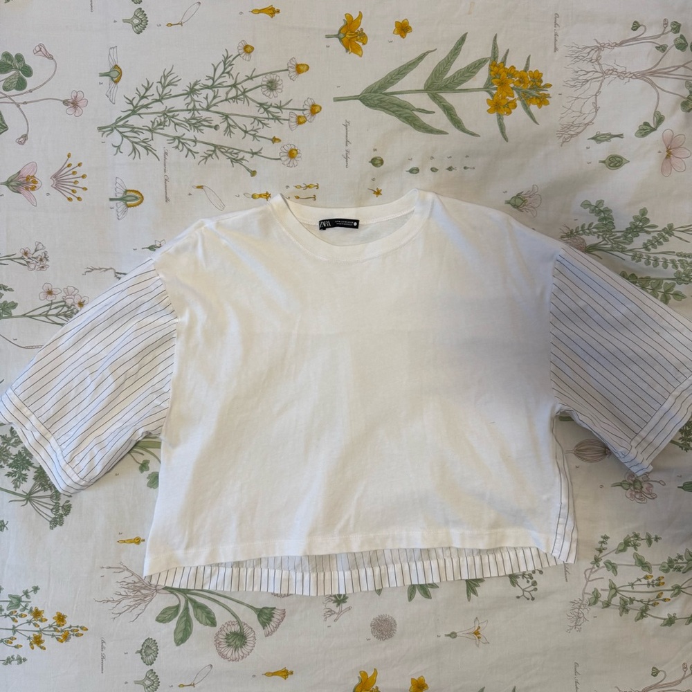 Zara Cropped White Top- Pinstripe Detail